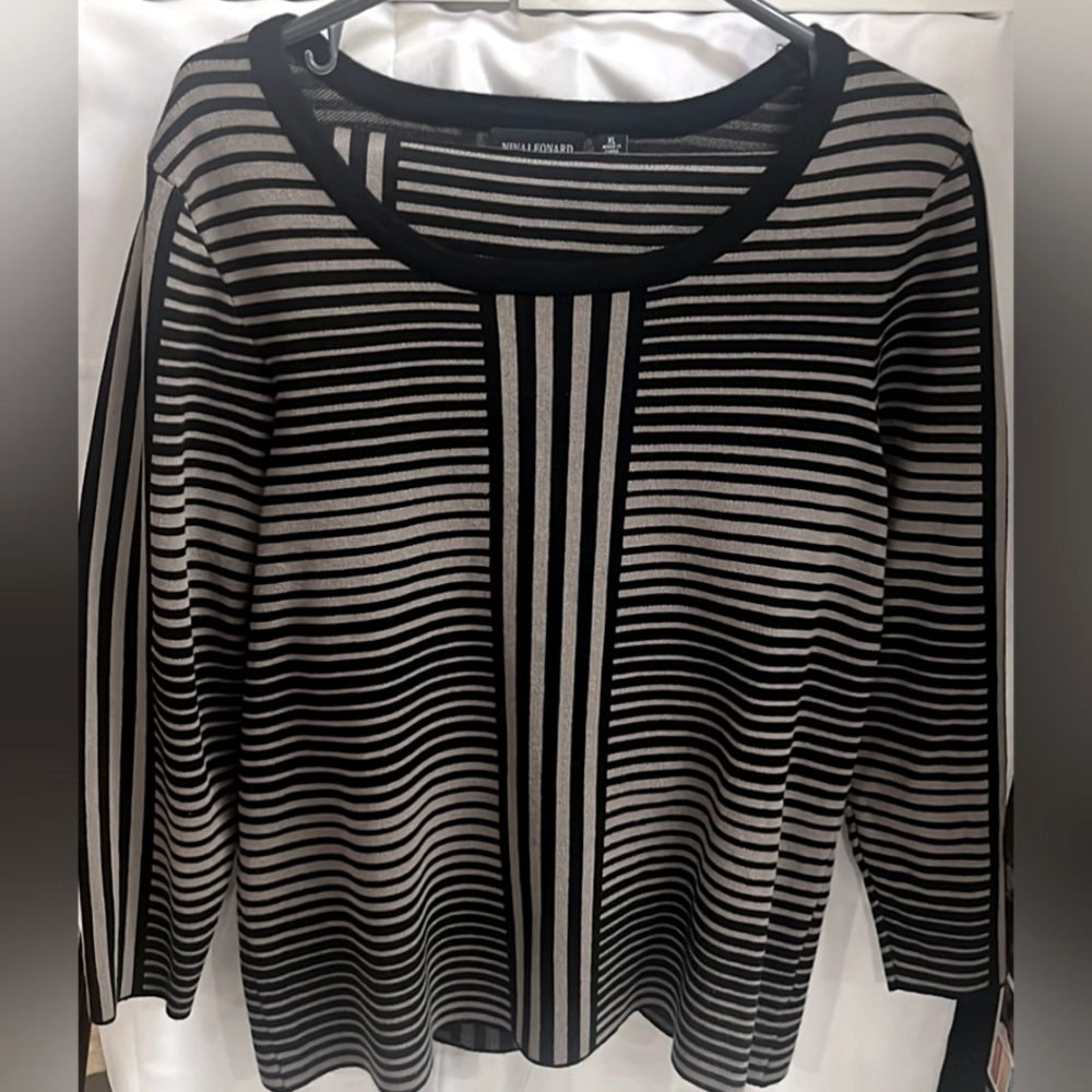 2-Piece, Nina Leonard XL Black & Gray Striped Crew Neck Sweater & Skirt Set